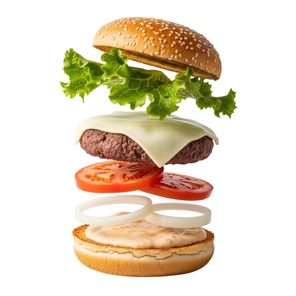 Deconstructed cheeseburger with lettuce tomato onion and beef patty floating isolated on transparent background png