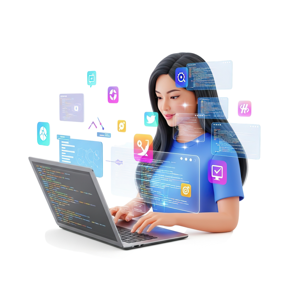 Young woman programmer coding on a laptop with holographic digital interfaces and data streams surrounding her isolated on transparent background png