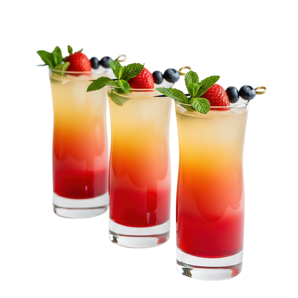 Three refreshing layered cocktails with fresh berries and mint garnishes isolated on transparent background png