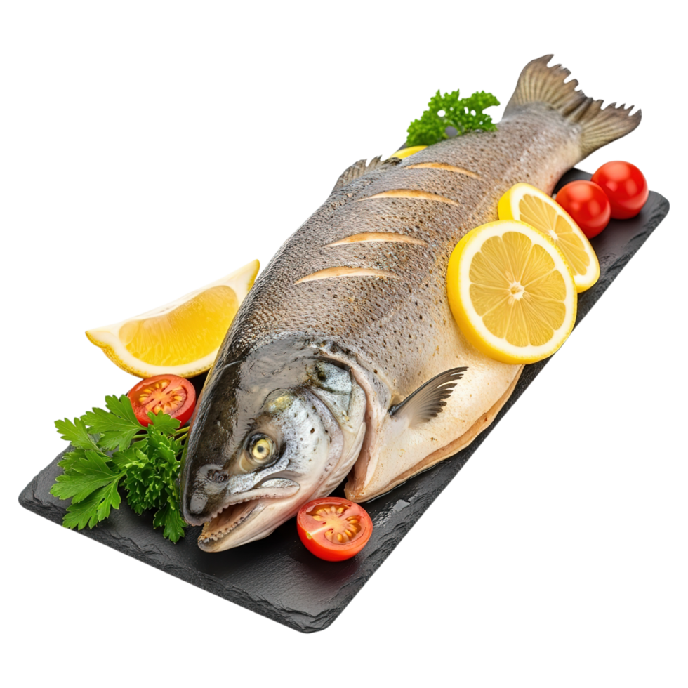 Whole freshly prepared trout fish garnished with lemon slices and cherry tomatoes isolated on transparent background png
