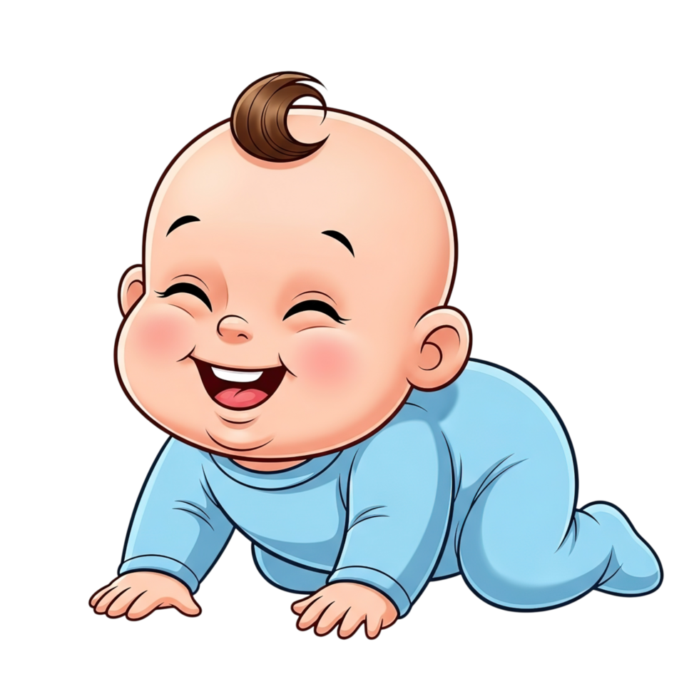 Adorable baby with a big joyful smile crawling on all fours wearing a light blue onesie isolated on transparent background png