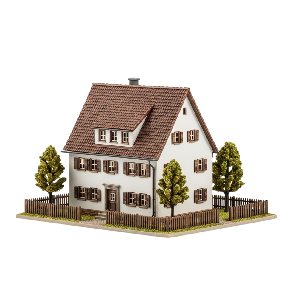 Detailed miniature model of a two story house with a pitched roof and trees isolated on transparent background png