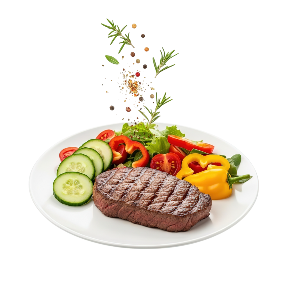 Delicious grilled steak with fresh vegetables and herbs isolated on transparent background png
