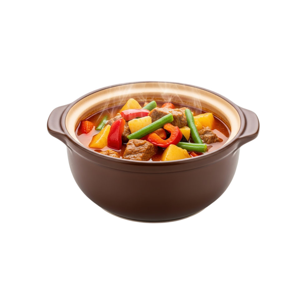 Hearty beef stew with potatoes and green beans in a rustic clay pot isolated on transparent background png