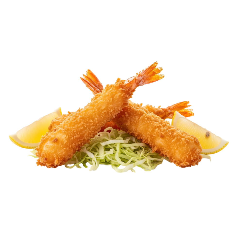 Crispy golden fried shrimp tempura served with shredded cabbage and lemon wedges isolated on transparent background png