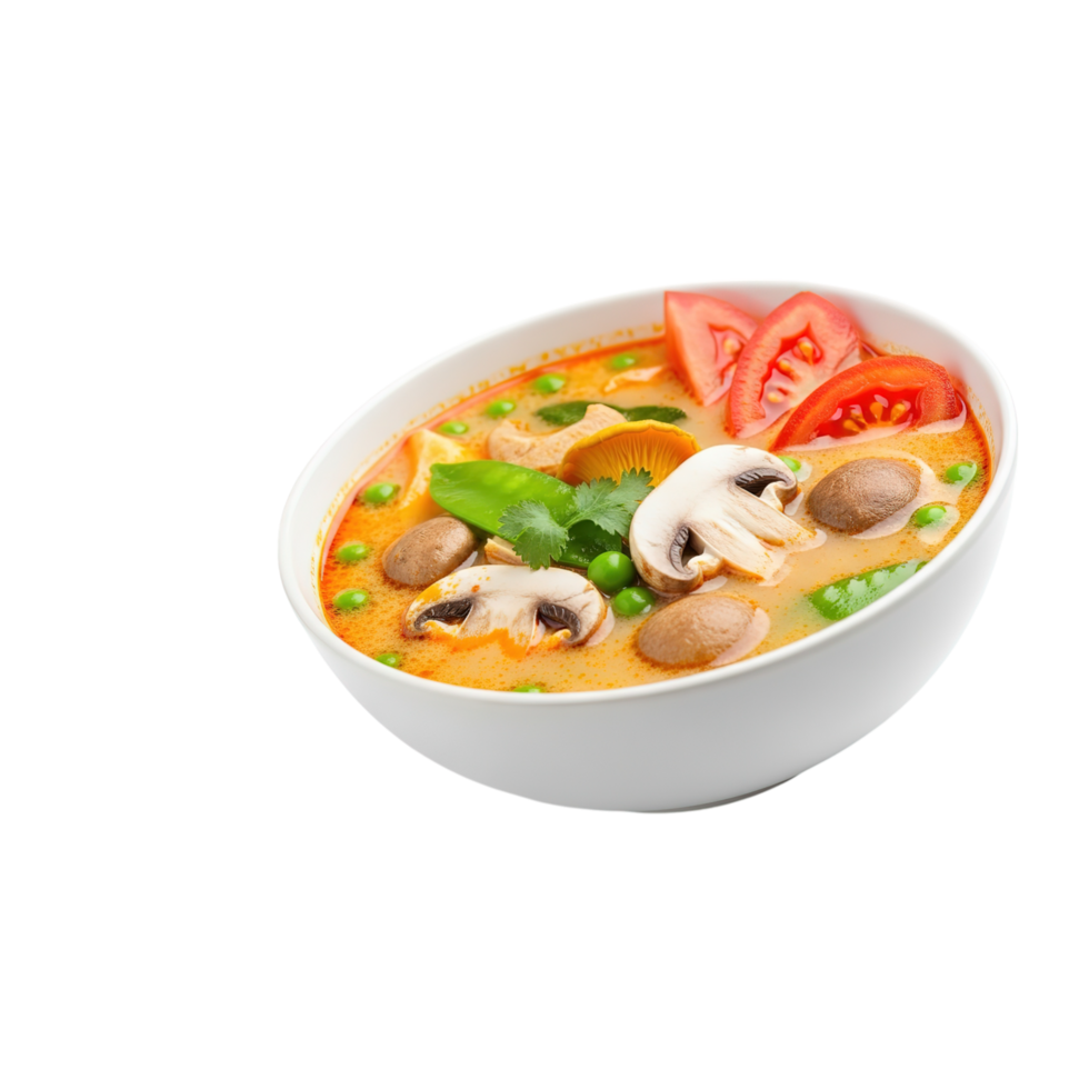 Delicious and vibrant thai tom yum soup with fresh ingredients in a white bowl isolated on transparent background png