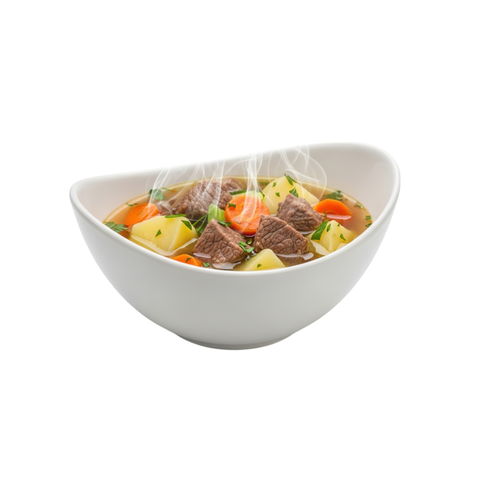 A delicious and hearty beef and vegetable stew served in a modern white bowl isolated on transparent background png