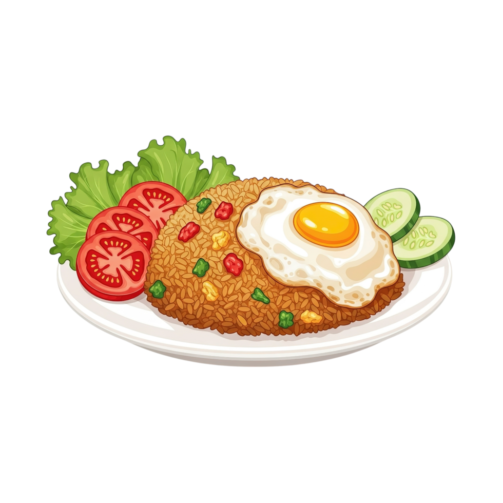 Delicious fried rice with a sunny side up egg and fresh vegetables isolated on transparent background png
