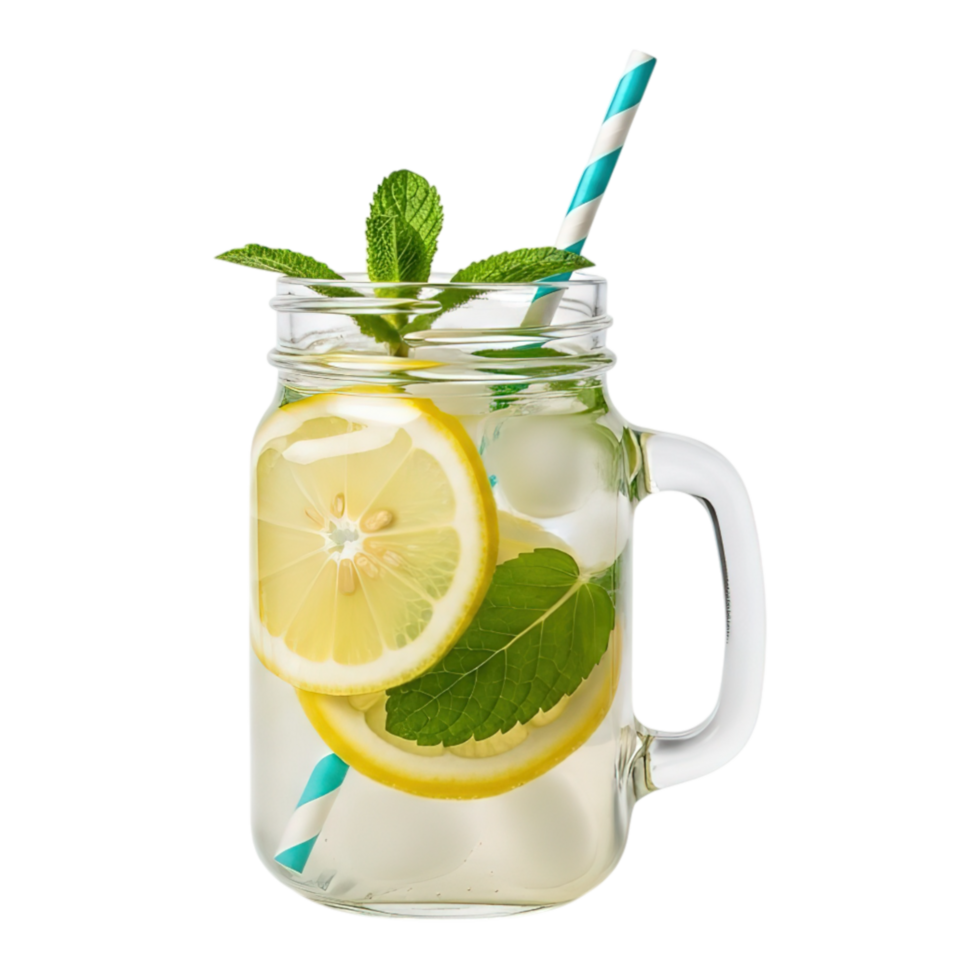 Refreshing glass jar drink with lemon slices mint leaves and ice cubes with a striped straw isolated on transparent background png