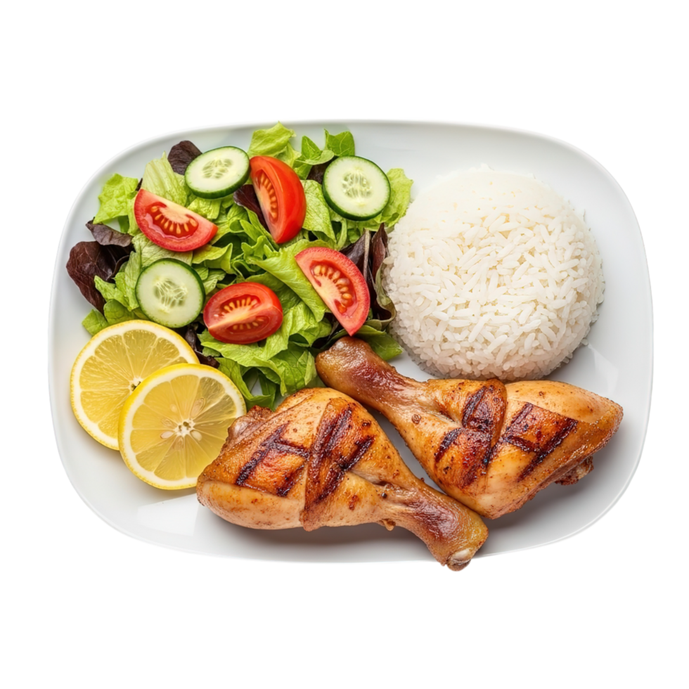 Delicious grilled chicken leg quarters served with fluffy white rice and a fresh garden salad isolated on transparent background png