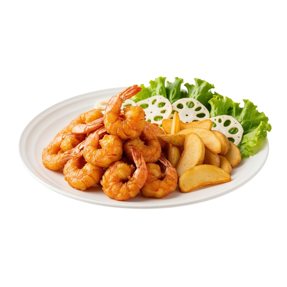 Deliciously prepared fried shrimp and potato wedges served with fresh lettuce and lotus root slices isolated on transparent background png