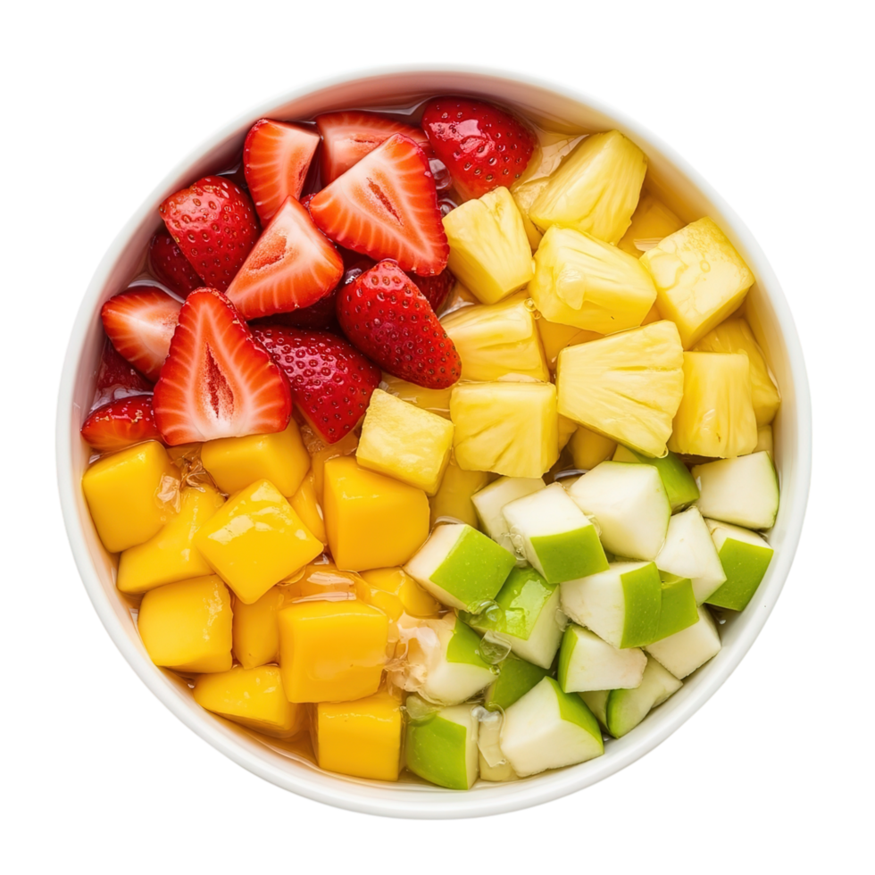 Vibrant bowl of freshly cut mixed fruit salad featuring strawberries pineapple mango and green apples isolated on transparent background png