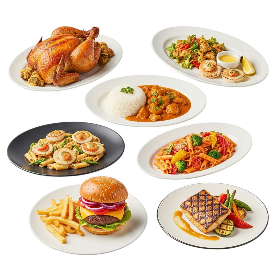 A delicious assortment of savory dishes including roasted chicken burger fries and various entrees isolated on transparent background png