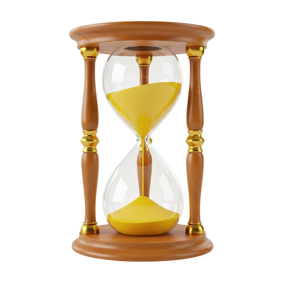 Classic wooden hourglass with yellow sand flowing symbolizing the passage of time isolated on transparent background png