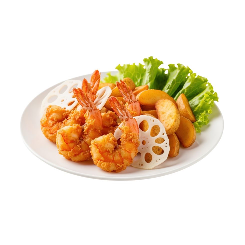 Deliciously crispy fried shrimp and potato wedges served with fresh lettuce and lotus root slices isolated on transparent background png