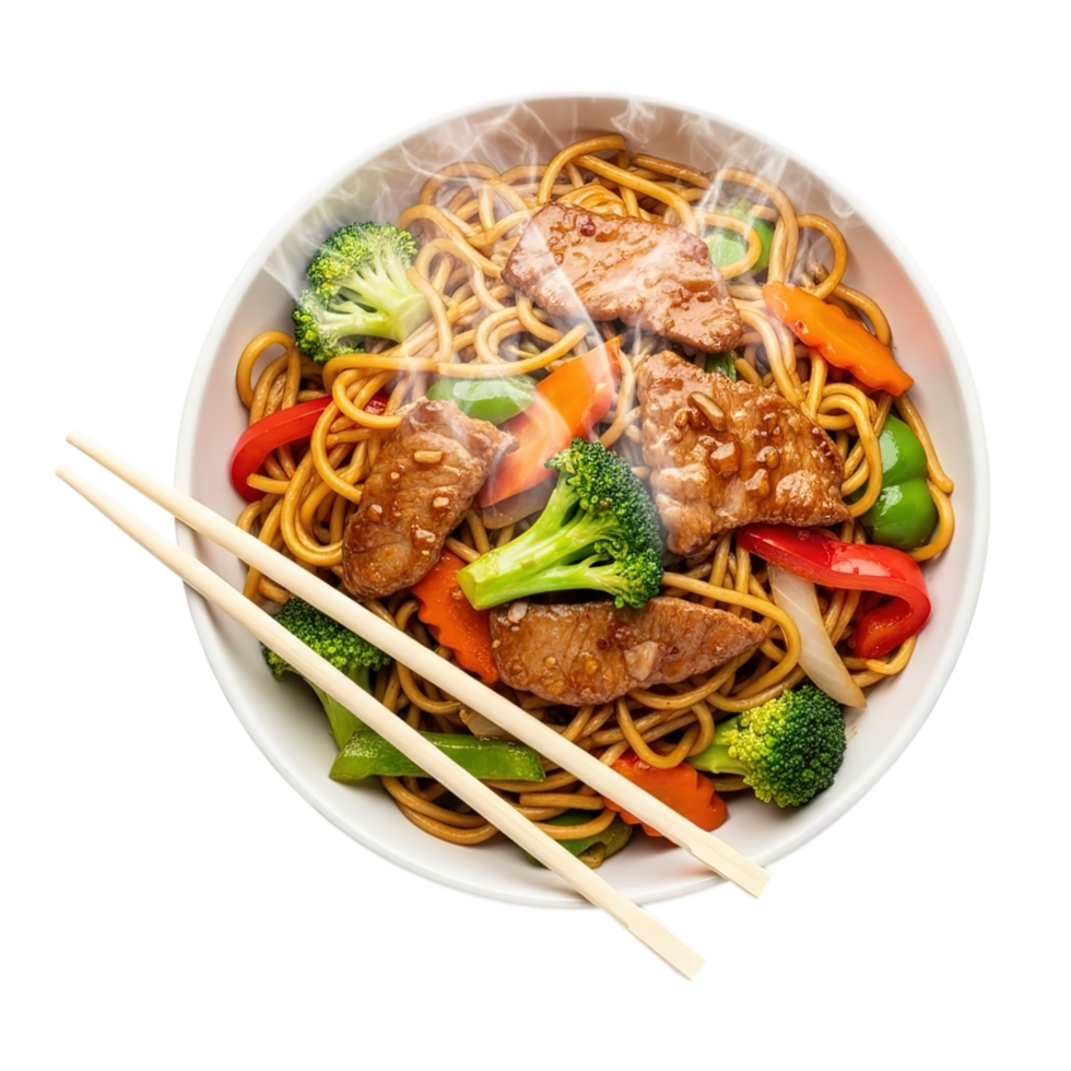 Delicious asian stir fry noodles with beef and vegetables in a bowl with chopsticks isolated on transparent background png