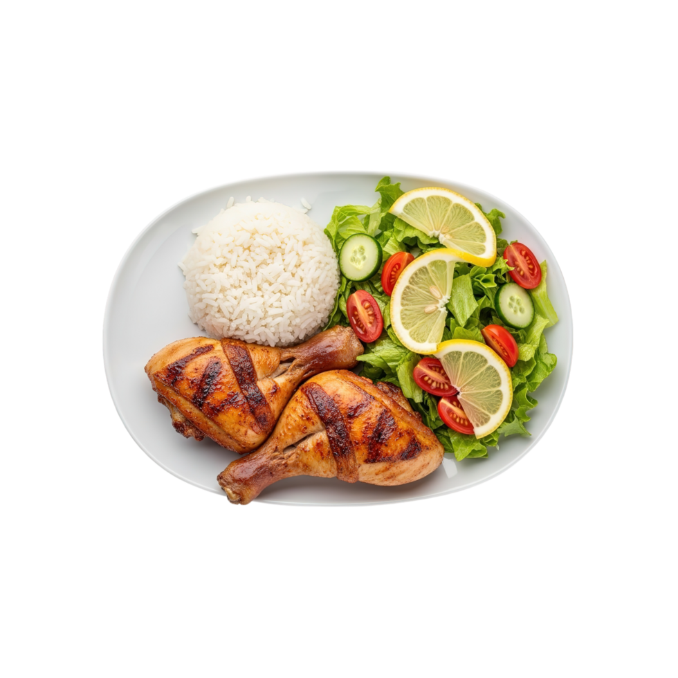 Deliciously grilled chicken drumsticks served with fluffy white rice and a fresh garden salad with lemon slices isolated on transparent background png
