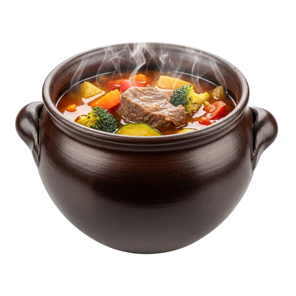 Steaming hot vegetable stew in a traditional clay pot isolated on transparent background png