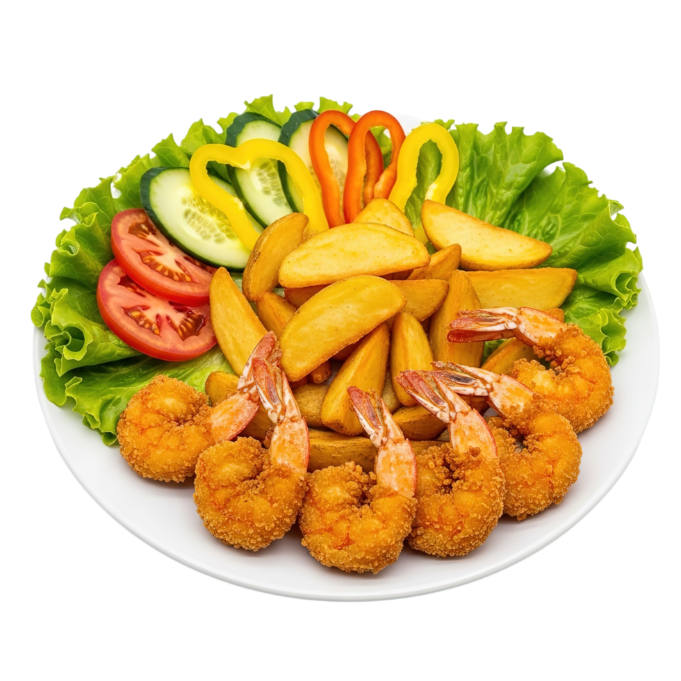 Delicious crispy fried shrimp and potato wedges served with fresh salad on a white plate isolated on transparent background png