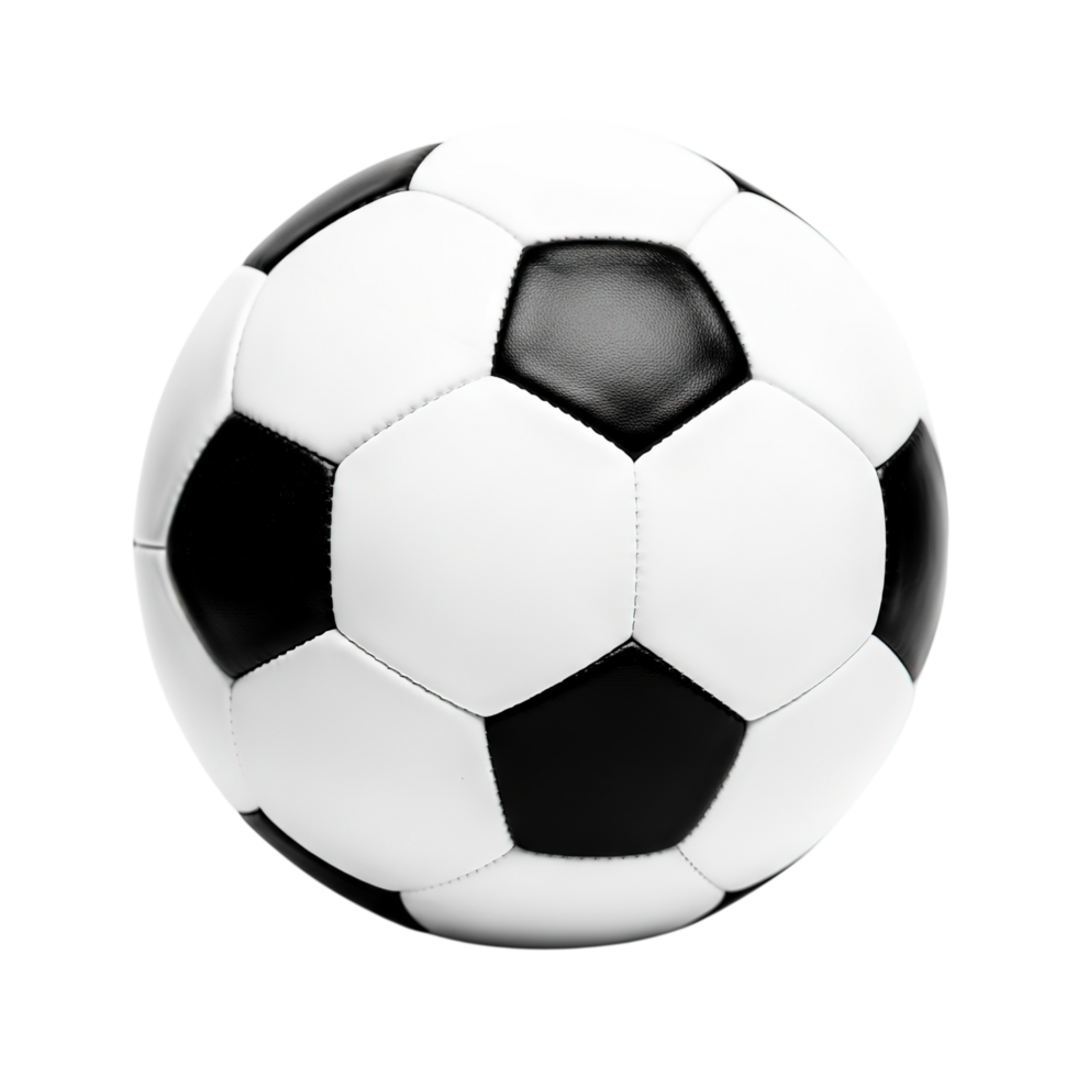 Classic black and white soccer ball with hexagonal panels isolated on transparent background png
