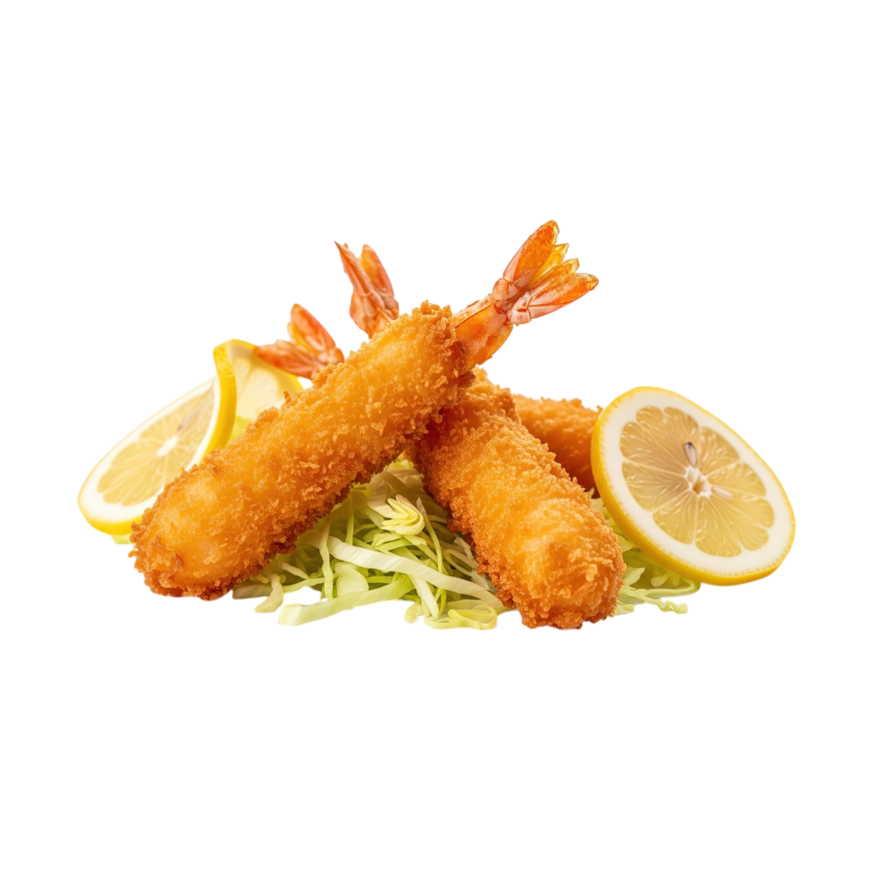 Crispy golden brown breaded shrimp served with fresh lemon slices and shredded lettuce isolated on transparent background png