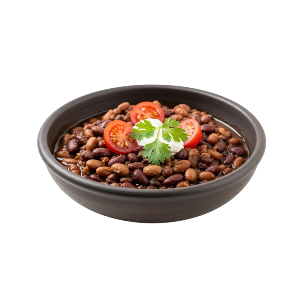 Hearty bowl of pinto beans topped with fresh tomatoes and creamy sour cream isolated on transparent background png