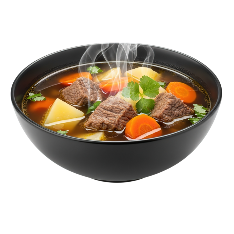 Steaming hot bowl of hearty beef stew with carrots and potatoes isolated on transparent background png