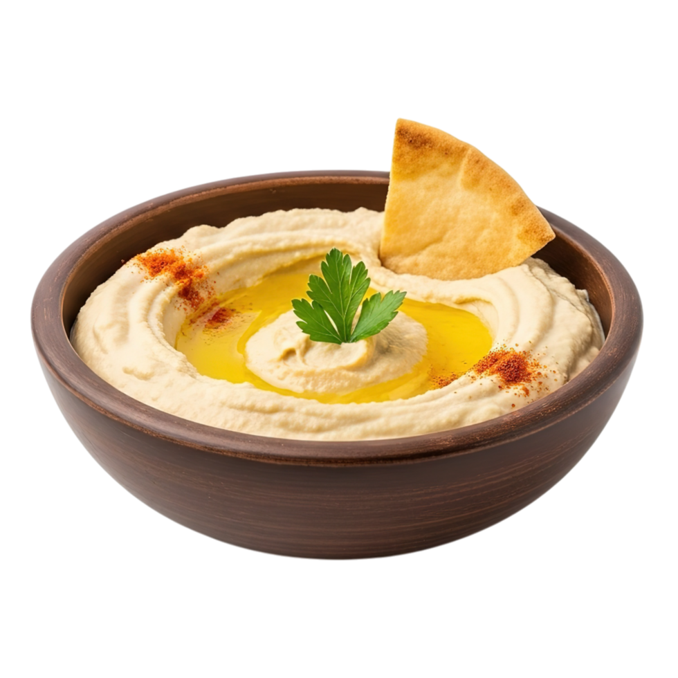 Delicious creamy hummus topped with olive oil paprika and fresh parsley served in a rustic bowl isolated on transparent background png