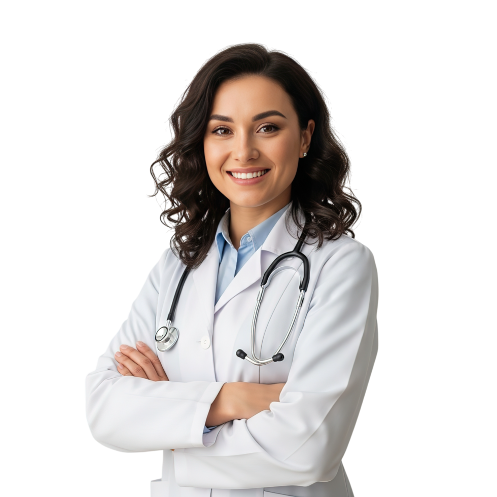 Smiling female doctor wearing a white coat and stethoscope with arms crossed isolated on transparent background png