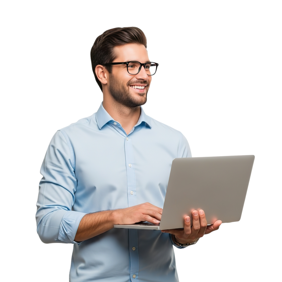 Smiling man wearing glasses and a blue shirt holding a laptop computer and looking to the side isolated on transparent background png