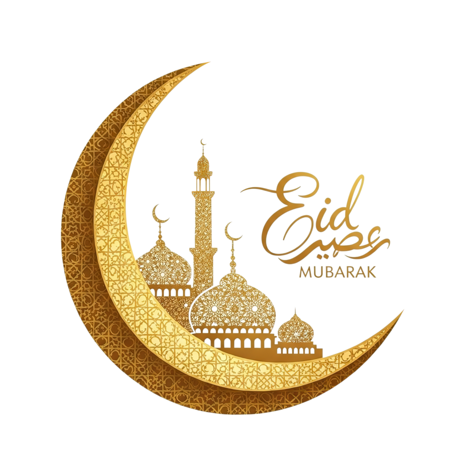 Golden crescent moon with intricate mosque design and arabic calligraphy for eid celebrations isolated on transparent background png
