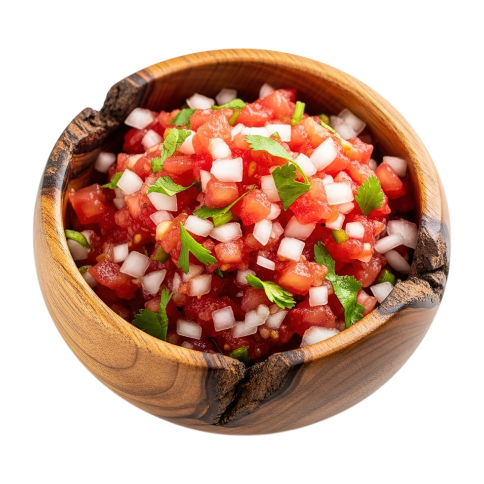 Freshly made pico de gallo salsa in a rustic wooden bowl isolated on background png