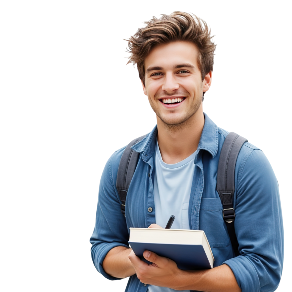Smiling young man with messy hair wearing a denim shirt and backpack holding books isolated on transparent background png