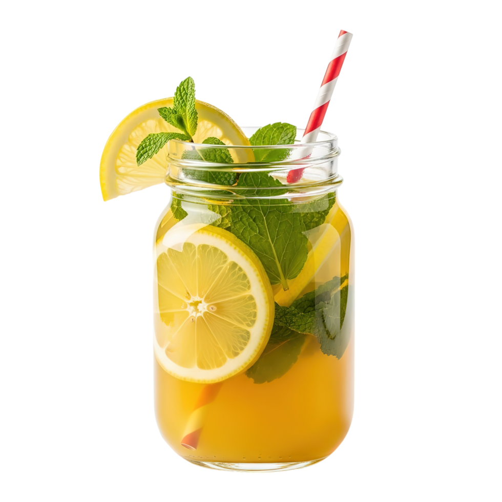 Refreshing citrus lemonade with mint and straw in a mason jar isolated on transparent background png