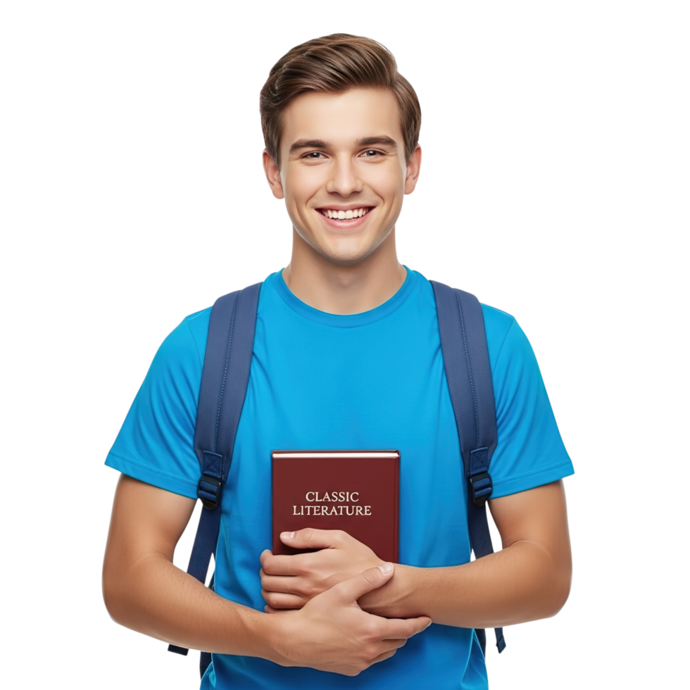 Smiling young male student with backpack holding a book ready for education and learning isolated on transparent background png