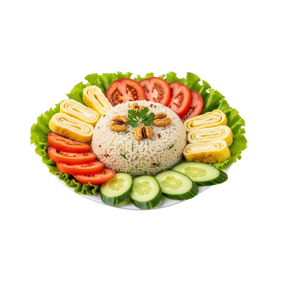 Delicious and colorful japanese bento box featuring rice tamagoyaki fresh tomatoes and cucumber slices isolated on transparent background png