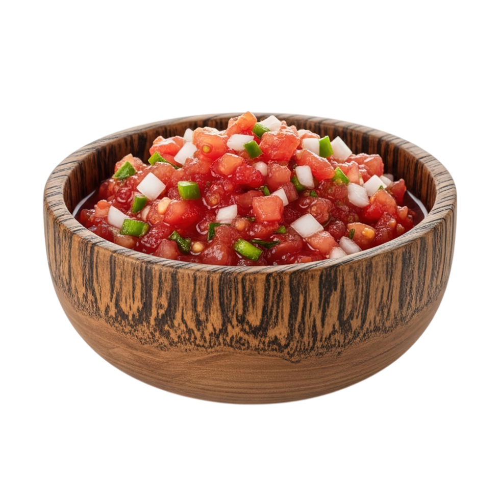 Freshly made pico de gallo salsa in a rustic wooden bowl on transparent background png