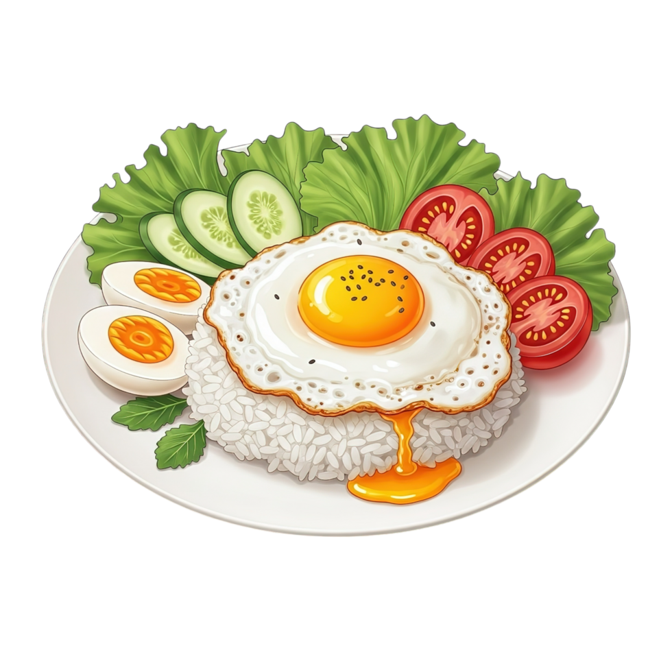 Delicious plate of rice topped with a sunny side up egg served with boiled eggs fresh lettuce cucumber and tomato slices isolated on transparent background png