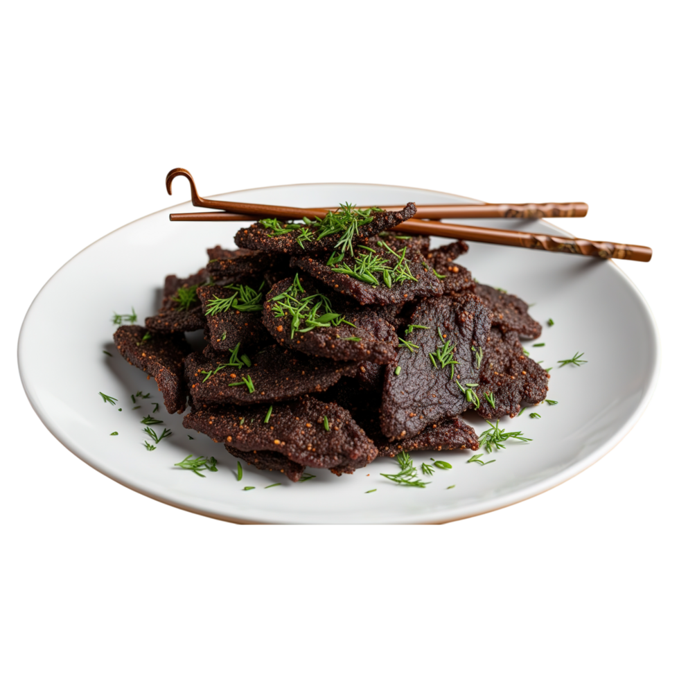 Deliciously seasoned grilled beef strips piled high on a white plate with fresh green herbs and chopsticks isolated on transparent background png