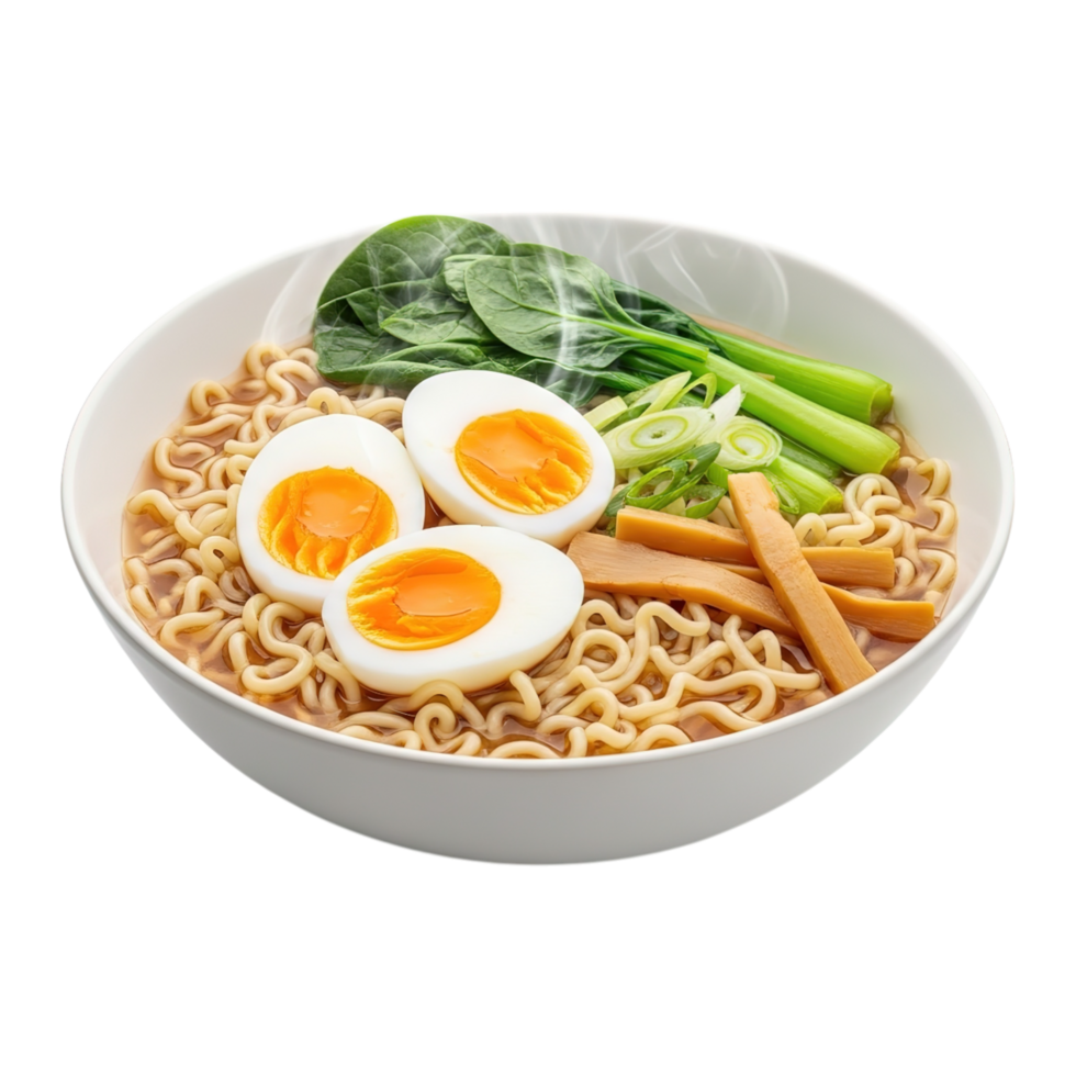 Delicious bowl of ramen noodles with soft boiled eggs and fresh greens isolated on transparent background png