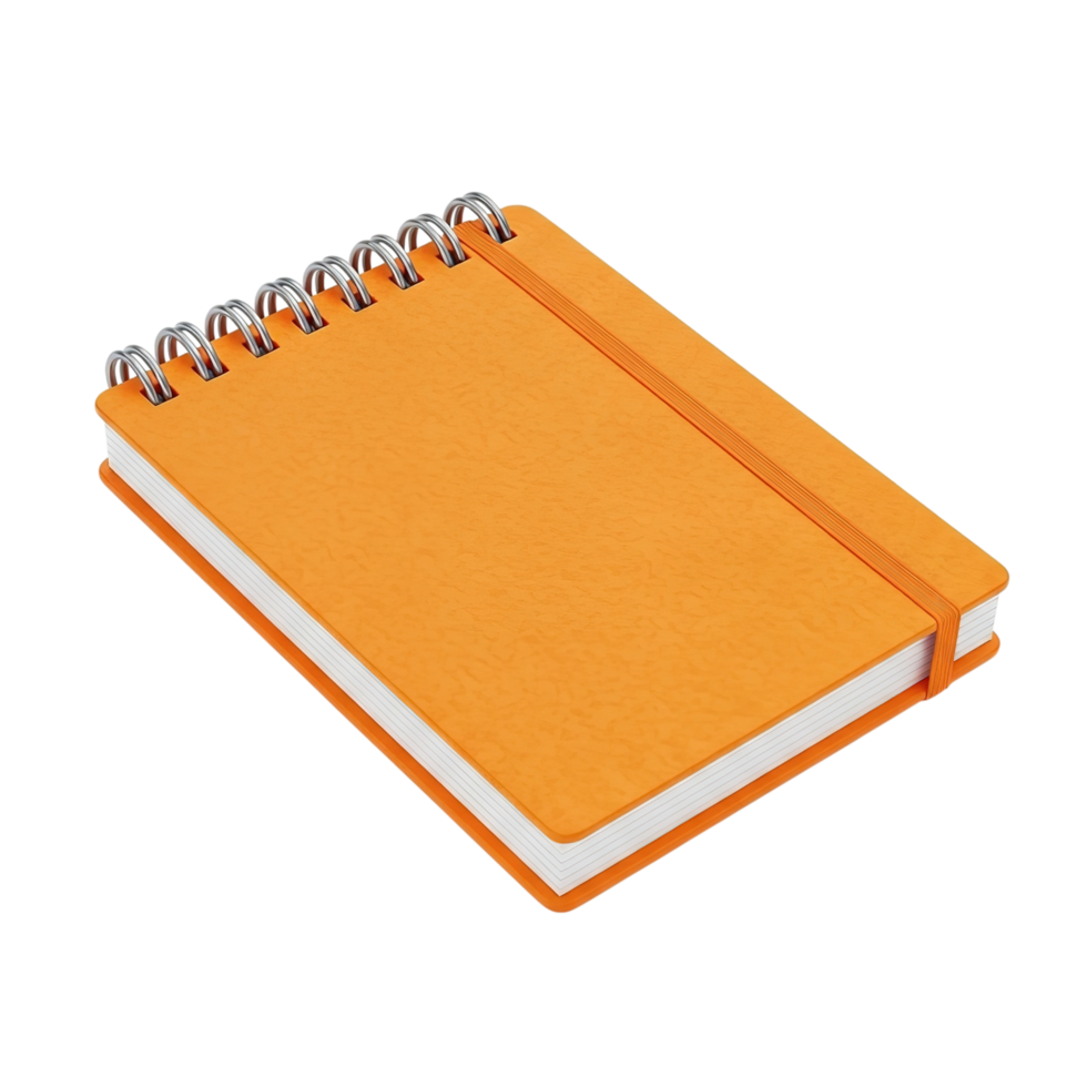 A closed orange spiral bound notebook with a white page edge and a bookmark isolated on transparent background png