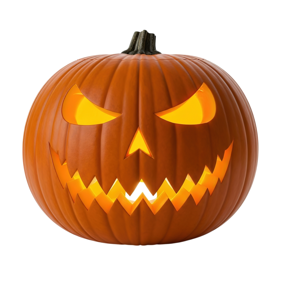 A classic carved halloween jack o lantern with a glowing orange face and a spooky expression isolated on transparent background png