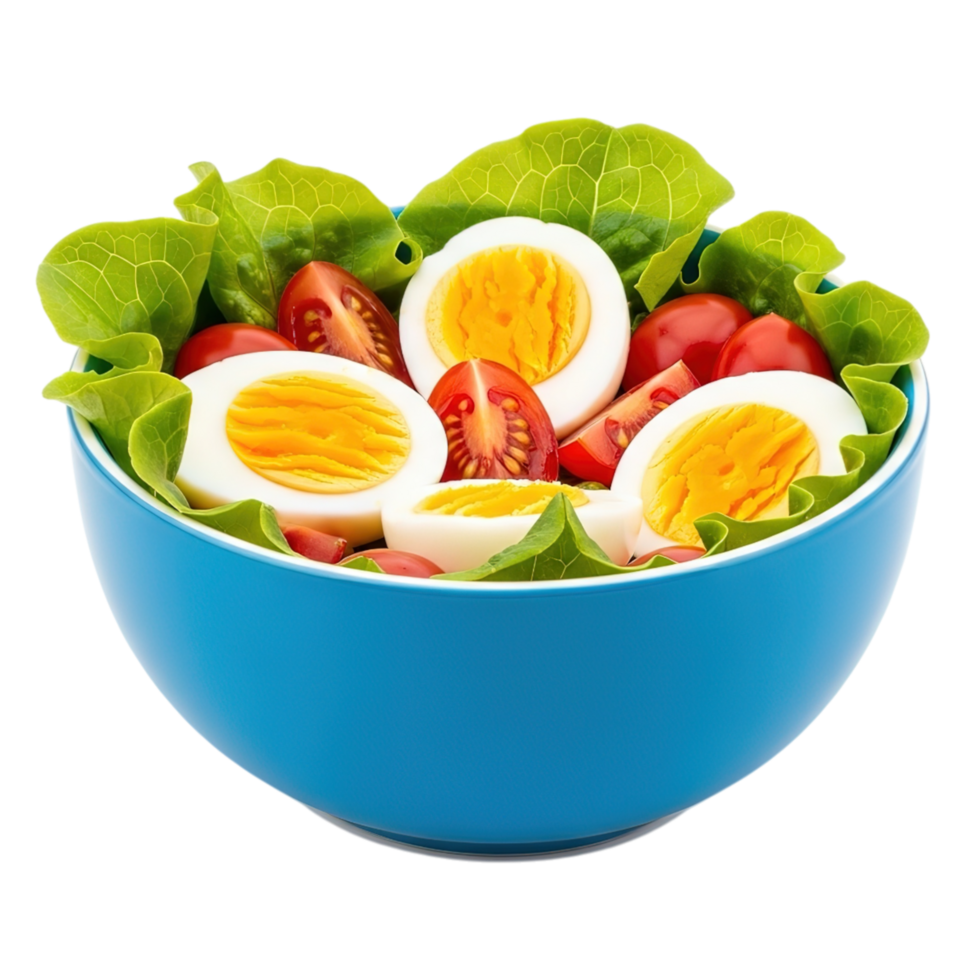 Fresh garden salad with hard boiled eggs in a blue bowl isolated on transparent background png