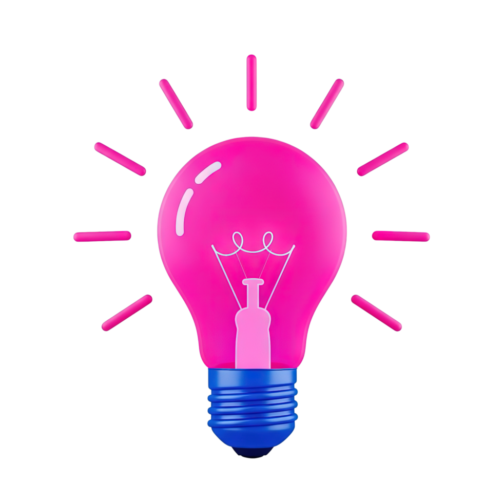 Bright pink light bulb with blue base emitting rays of light isolated on transparent background png