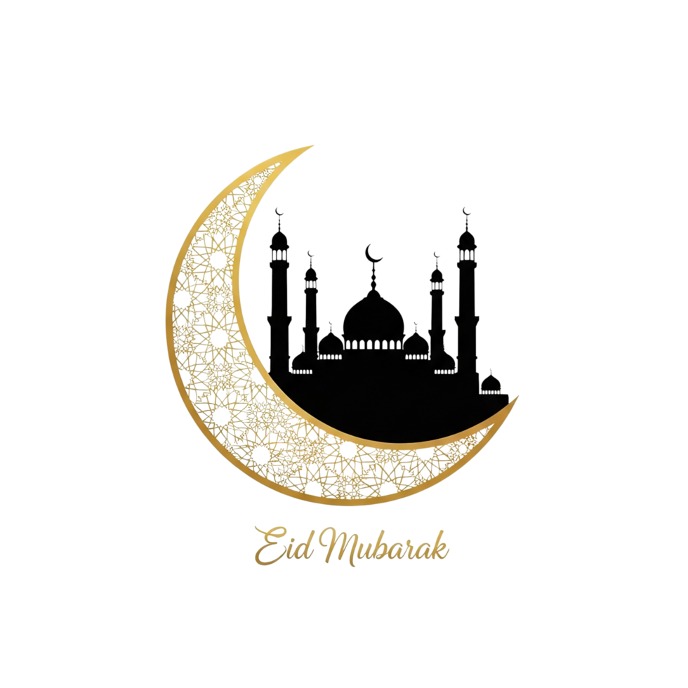Elegant islamic crescent moon silhouette with mosque and eid mubarak greeting isolated on transparent background png