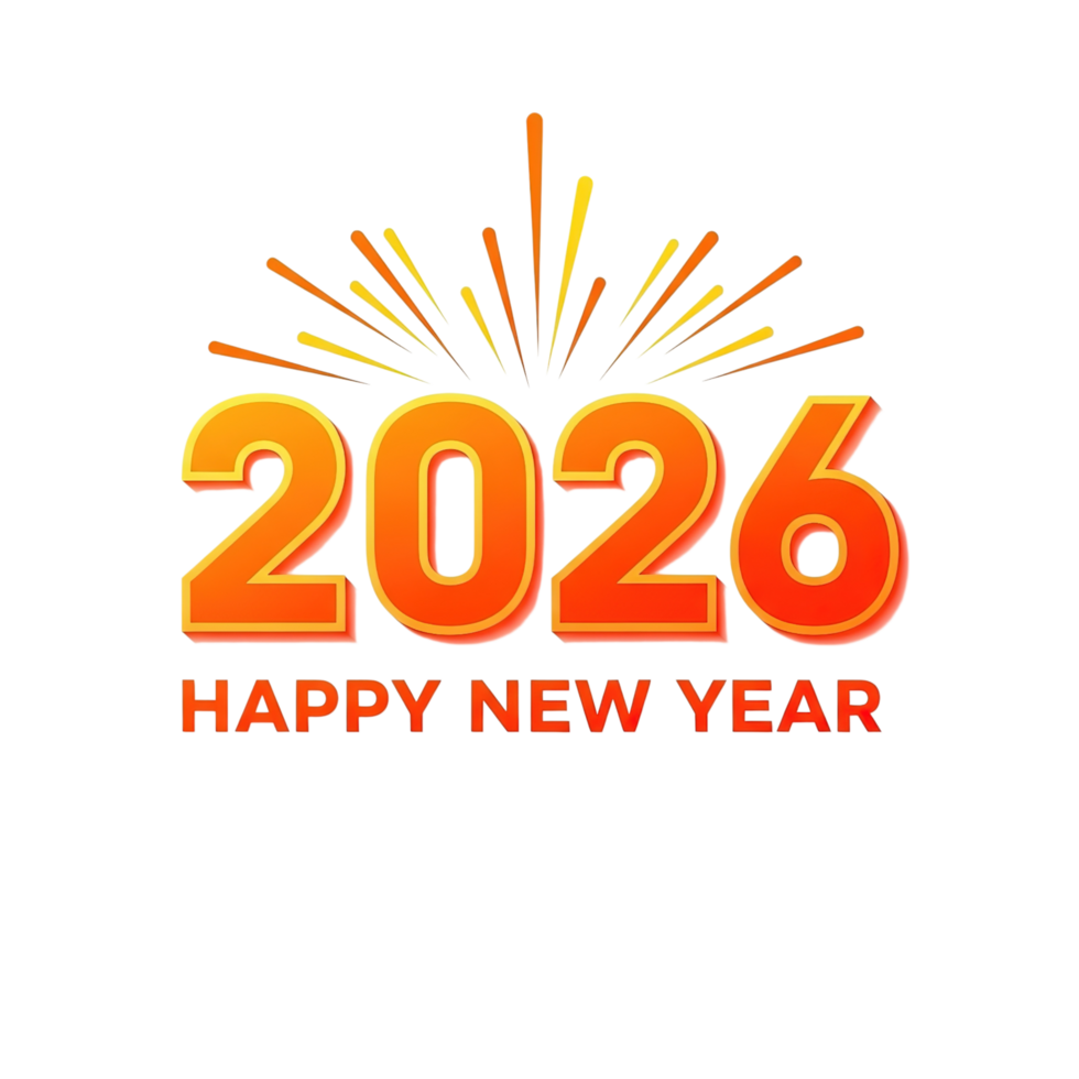 Bright orange 2026 happy new year text with fireworks burst isolated on transparent background png
