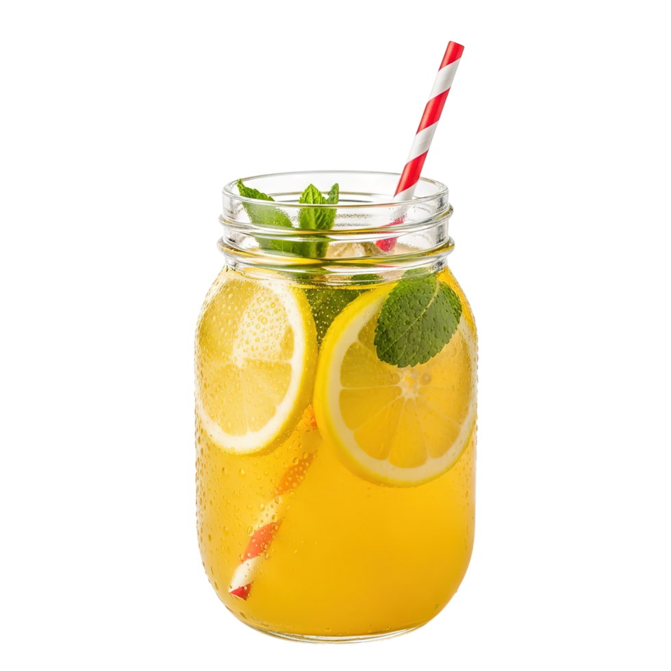 Refreshing yellow citrus drink with mint and lemon slices in a mason jar isolated on transparent background png