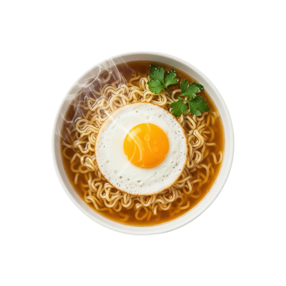Delicious bowl of ramen noodles topped with a perfectly fried egg and fresh cilantro isolated on transparent background png