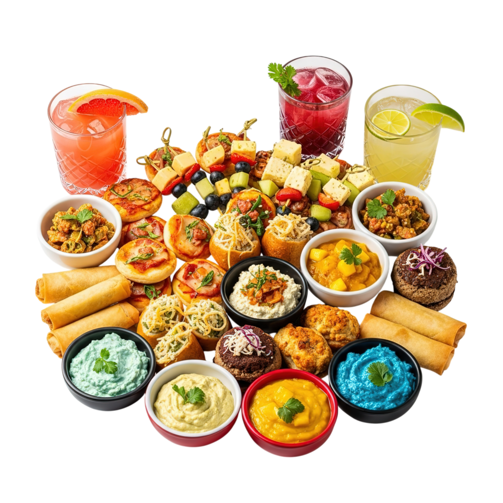 A colorful assortment of appetizers and drinks arranged artfully isolated on transparent background png