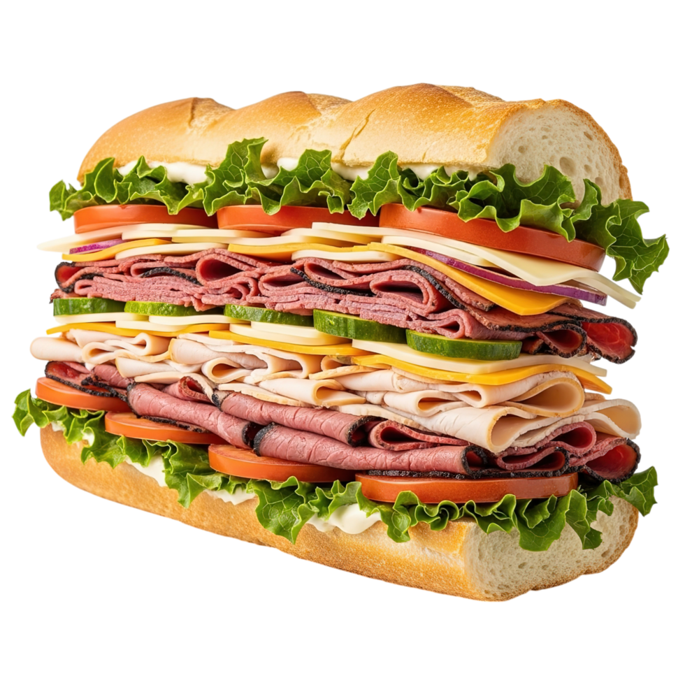 A tall stacked deli sandwich with multiple layers of meats cheeses and fresh vegetables isolated on transparent background png